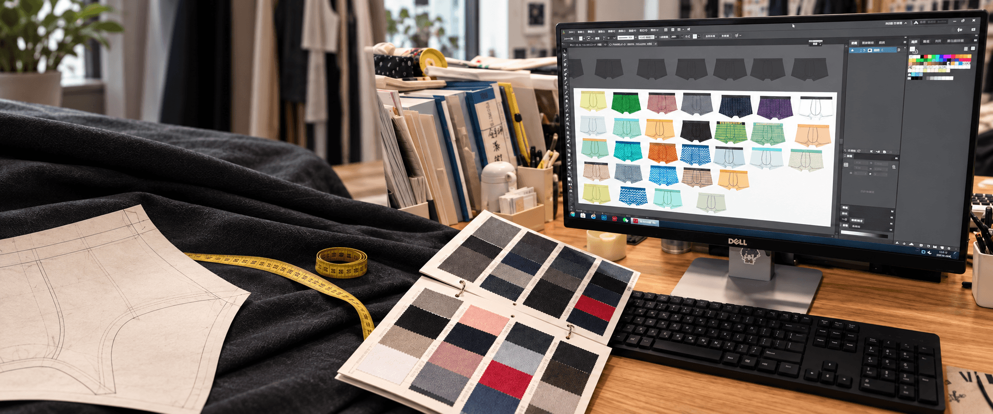 Underwear design desk with fabric swatches and product colorways